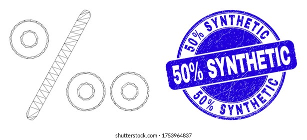 Web carcass per mille pictogram and 50% Synthetic seal stamp. Blue vector rounded distress seal with 50% Synthetic message. Abstract carcass mesh polygonal model created from per mille pictogram.