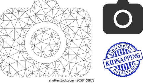 Web carcass photocamera vector icon, and blue round KIDNAPPING corroded stamp print. KIDNAPPING stamp uses round form and blue color. Flat 2d carcass created from photocamera pictogram.