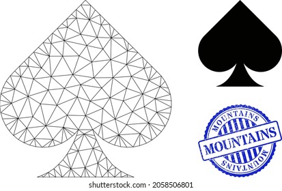 Web carcass playing card spade suit vector icon, and blue round MOUNTAINS corroded seal. MOUNTAINS seal uses round template and blue color. Flat 2d carcass created from playing card spade suit icon.