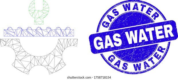 Web carcass plumbery service icon and Gas Water seal stamp. Blue vector round textured seal stamp with Gas Water text. Abstract frame mesh polygonal model created from plumbery service icon.