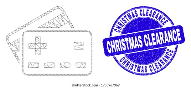 Cápsula web más pictograma de tarjetas bancarias y marca de agua de aclaramiento navideño. Marca de agua azul vectorial redondeada texturada con leyenda de Aclaramiento de Navidad.