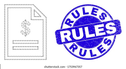 Web carcass price page icon and Rules stamp. Blue vector round distress stamp with Rules phrase. Abstract frame mesh polygonal model created from price page icon.