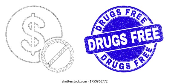 Web carcass priceless pictogram and Drugs Free seal stamp. Blue vector rounded textured stamp with Drugs Free title. Abstract carcass mesh polygonal model created from priceless pictogram.