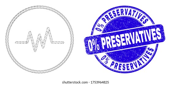 Web carcass pulse signal icon and 0% Preservatives seal stamp. Blue vector round textured seal stamp with 0% Preservatives text.