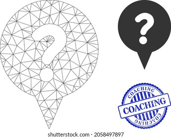 Web carcass question banner vector icon, and blue round COACHING unclean watermark. COACHING stamp uses round template and blue color. Flat 2d carcass created from question banner icon.
