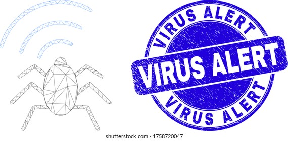 Web carcass radio bug icon and Virus Alert seal stamp. Blue vector rounded textured seal stamp with Virus Alert message. Abstract frame mesh polygonal model created from radio bug icon.