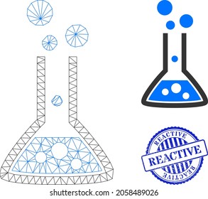 Web carcass reaction flask vector icon, and blue round REACTIVE corroded stamp print. REACTIVE seal uses round shape and blue color. Flat 2d carcass created from reaction flask icon.