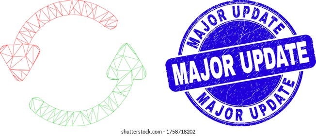 Web carcass refresh arrows pictogram and Major Update seal stamp. Blue vector round grunge stamp with Major Update caption. Abstract frame mesh polygonal model created from refresh arrows pictogram.