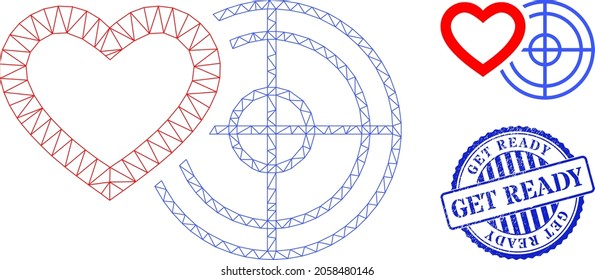 Web carcass romantic heart target vector icon, and blue round GET READY dirty stamp seal. GET READY stamp uses round form and blue color. Flat 2d carcass created from romantic heart target icon.