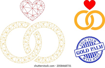 Web carcass romantic rings vector icon, and blue round GOLD PALM scratched stamp seal. GOLD PALM stamp seal uses round template and blue color. Flat 2d model created from romantic rings pictogram.