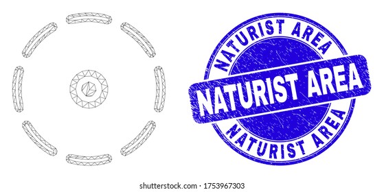 Webcarcass rund um das Piktogramm und Naturist Area-Siegel. Blauer, kreisrunder Grunge Stempel mit Naturist Area Text.
