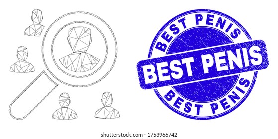Web carcass search users pictogram and Best Penis seal stamp. Blue vector rounded textured seal stamp with Best Penis phrase. Abstract carcass mesh polygonal model created from search users icon.