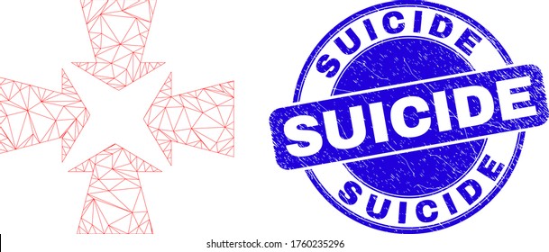 Web carcass shrink arrows pictogram and Suicide seal stamp. Blue vector round textured seal stamp with Suicide message. Abstract carcass mesh polygonal model created from shrink arrows pictogram.
