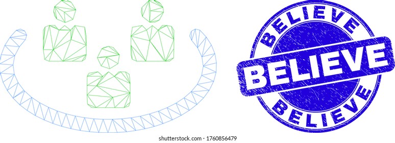 Web carcass social ring pictogram and Believe seal stamp. Blue vector rounded distress seal stamp with Believe text. Abstract carcass mesh polygonal model created from social ring pictogram.