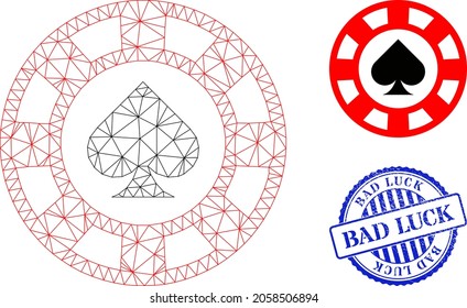 Web Carcass Spades Casino Chip Vector Icon, And Blue Round BAD LUCK Rubber Stamp Imitation. BAD LUCK Stamp Seal Uses Round Template And Blue Color.