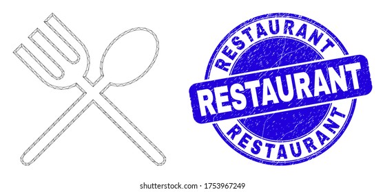 Web-Schlachtkörper-Löffel und Gabel-Symbol und Restaurant-Siegel Stempel. Blauer Vektor rund Stempel mit Restaurant Titel. Abstraktes polygonales Schlachtkörpermodell aus Löffel- und Gabelsymbol.