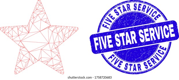 Web carcass star icon and Five Star Service seal. Blue vector rounded scratched seal stamp with Five Star Service phrase. Abstract carcass mesh polygonal model created from star icon.