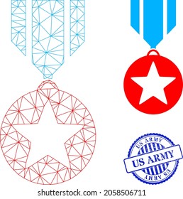 Web Carcass Star Medal Vector Icon, And Blue Round US ARMY Corroded Stamp Print. US ARMY Stamp Seal Uses Round Shape And Blue Color. Flat 2d Carcass Created From Star Medal Pictogram.