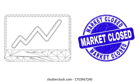 Web carcass stocks chart icon and Market Closed stamp. Blue vector round grunge seal with Market Closed message. Abstract carcass mesh polygonal model created from stocks chart icon.
