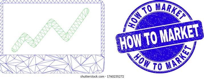 Web carcass stocks chart pictogram and How to Market seal stamp. Blue vector rounded distress watermark with How to Market message.