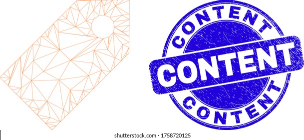 Web carcass tag icon and Content seal stamp. Blue vector round grunge seal stamp with Content message. Abstract carcass mesh polygonal model created from tag pictogram.