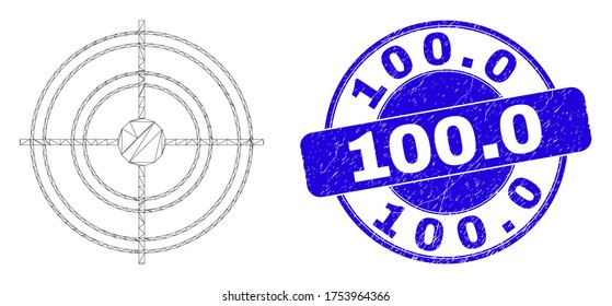 Web-Schlachtkörper Zielseite Piktogramm und 100.0 Siegel Stempel. Blauer, rund umlaufender Schmutzsiegelstempel mit 100.0 Nachricht. Abstraktes polygonales Schlachtkörpermodell, das aus dem Symbol der Zielkalender-Seite erstellt wurde.