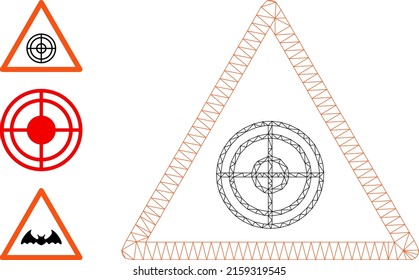 Web carcass target warning vector icon, and source icons. Flat 2d carcass created from target warning pictogram. Abstract carcass mesh polygonal target warning. Net frame 2D mesh in vector format,