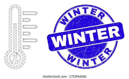 Icono de temperatura de la canal web y sello de sellado invernal. Sello de sello de retenes redondeados de vector azul con mensaje de invierno. Resumen modelo poligonal de malla de la canal creado a partir del icono de temperatura.