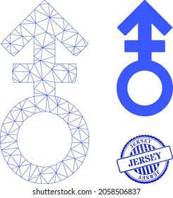 Web carcass third gender symbol vector icon, and blue round JERSEY unclean stamp print. JERSEY stamp uses round template and blue color. Flat 2d carcass created from third gender symbol icon.