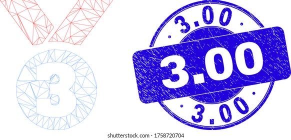 Pictograma de premio de canal web de tercer lugar y sello de 3.00. Sello de retén de socorro redondo vector azul con 3,00 frases. Resumen modelo poligonal de malla de canal creado a partir del icono de premio del tercer lugar.