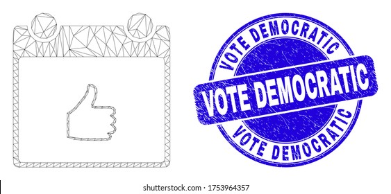 El dedo pulgar de la cadena web sube el icono de la página del calendario y el sello de sello de la Demócrata Vota. Sello de sello de sello de sello negro redondeado vector azul con título democrático de voto.