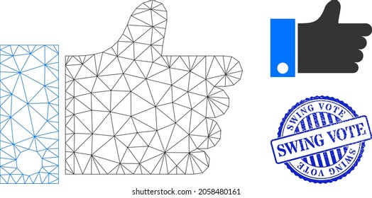 Web carcass thumb up vector icon, and blue round SWING VOTE rubber stamp seal. SWING VOTE seal uses round form and blue color. Flat 2d carcass created from thumb up pictogram.
