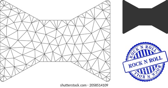 Web carcass tie bow vector icon, and blue round ROCK N ROLL rubber watermark. ROCK N ROLL watermark uses round shape and blue color. Flat 2d carcass created from tie bow icon.