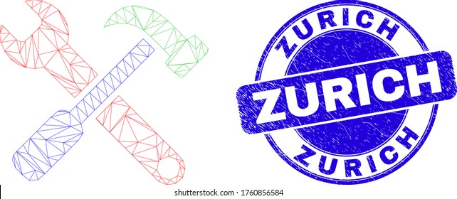 Web-Carcass-Werkzeuge Symbol und Zürcher Siegel Stempel. Blauer Vektor rund kratzte Robbenmarke mit Zürich-Titel. Abstraktes Maschen-Polygonalmodell aus Werkzeugen Piktogramm.