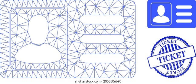 Web carcass user account card vector icon, and blue round TICKET grunge stamp seal. TICKET stamp uses round form and blue color. Flat 2d carcass created from user account card icon.