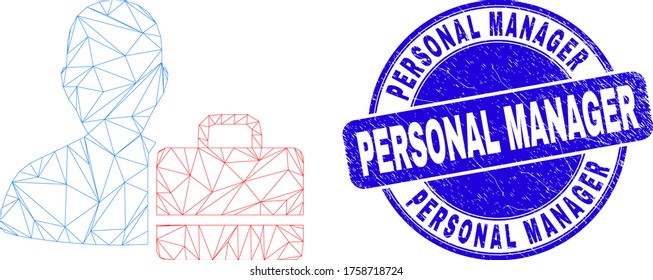 Web carcass user case icon and Personal Manager stamp. Blue vector rounded scratched seal stamp with Personal Manager caption. Abstract carcass mesh polygonal model created from user case icon.