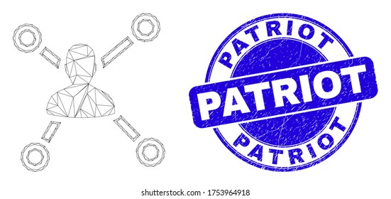 Icono de vínculos de usuario de canales web y sello de sello Patriot. Sello de sellado de socorro redondeado vector azul con frase Patriot. Resumen modelo poligonal de malla de canal creado a partir del pictograma de enlaces de usuario.