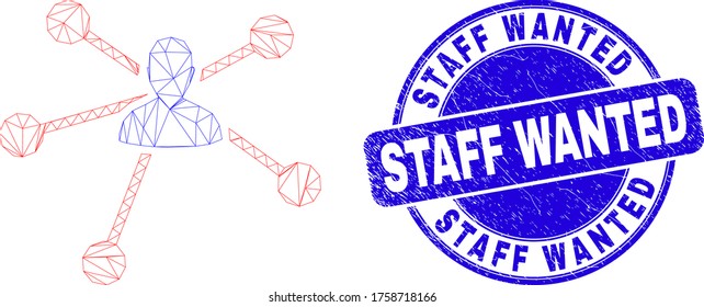 Web carcass user links pictogram and Staff Wanted seal stamp. Blue vector round scratched seal stamp with Staff Wanted caption. Abstract carcass mesh polygonal model created from user links icon.