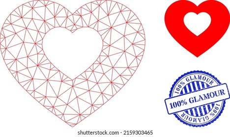 Web carcass valentine heart vector icon, and blue round 100 percent GLAMOUR grunge stamp. 100 percent GLAMOUR stamp uses round form and blue color. Flat 2d carcass created from valentine heart
