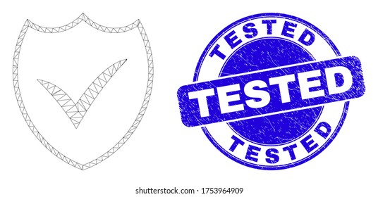 Web carcass valid shield pictogram and Tested seal stamp. Blue vector rounded grunge seal stamp with Tested phrase. Abstract frame mesh polygonal model created from valid shield pictogram.