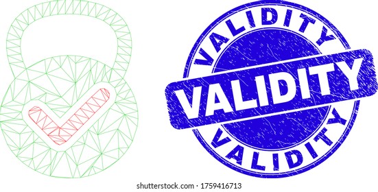 Web carcass valid weight pictogram and Validity seal stamp. Blue vector rounded grunge seal stamp with Validity title. Abstract frame mesh polygonal model created from valid weight pictogram.