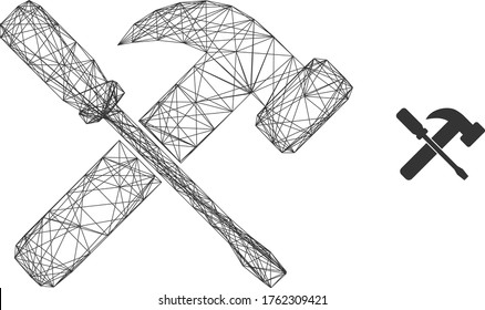 Web carcass vector icon. Flat 2d carcass created from hammer and screwdriver pictogram. Abstract carcass mesh polygonal hammer and screwdriver.