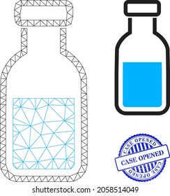 Icono del vector del vial de canal web, y marca de sello texturizado de color azul redondo CASE ABIERTO. El precinto ABIERTO del CASO utiliza formas redondeadas y color azul. Carcasa plana de 2d creada a partir del icono del vial.