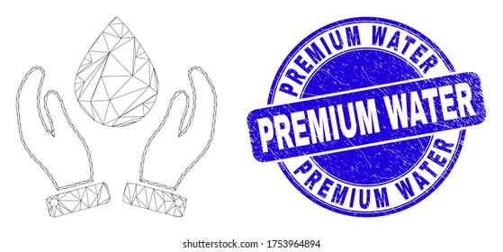 Webcarcass Wasser Tropfen Pflege Hände Piktogramm und Premium Wasser Siegel Stempel. Blaue Vektorgrafik rund gekratzte Robbenmarke mit Premium Water-Nachricht.
