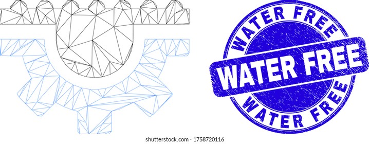 Icono del equipo de agua de la canal web y sello de sellado libre de agua. Sello de sello de sello texturizado de vector azul con texto libre de agua. Resumen modelo poligonal de malla de marco creado a partir del icono de los engranajes de agua.