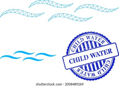 Web Carcass Water Surface Vector Icon, And Blue Round CHILD WATER Dirty Stamp Imitation. CHILD WATER Imprint Uses Round Shape And Blue Color. Flat 2d Model Created From Water Surface Icon.