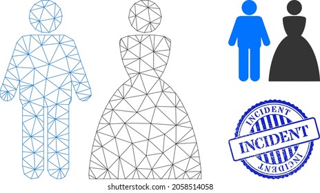 Web carcass wedding couple vector icon, and blue round INCIDENT rough stamp print. INCIDENT stamp seal uses round shape and blue color. Flat 2d carcass created from wedding couple pictogram.