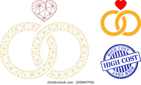 Web carcass wedding rings vector icon, and blue round HIGH COST rough stamp imitation. HIGH COST seal uses round shape and blue color. Flat 2d carcass created from wedding rings icon.