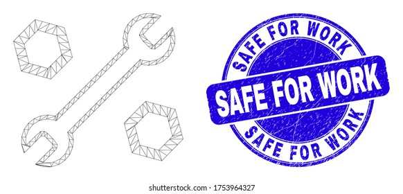 Web carcass wrench and nuts pictogram and Safe for Work seal. Blue vector round distress seal with Safe for Work caption. Abstract carcass mesh polygonal model created from wrench and nuts pictogram.