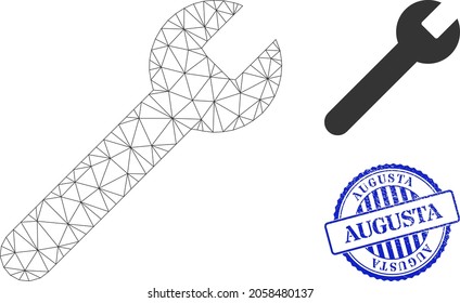 Web carcass wrench vector icon, and blue round AUGUSTA unclean rubber print. AUGUSTA watermark uses round template and blue color. Flat 2d carcass created from wrench icon.